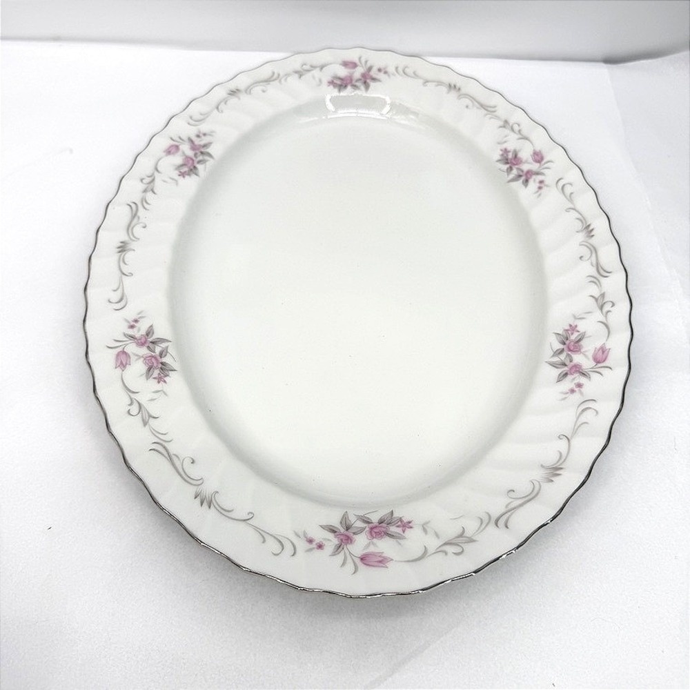 Gold Standard Heavy Platter Floral Pink Silver Trim Vintage Serving 14in w/ Box